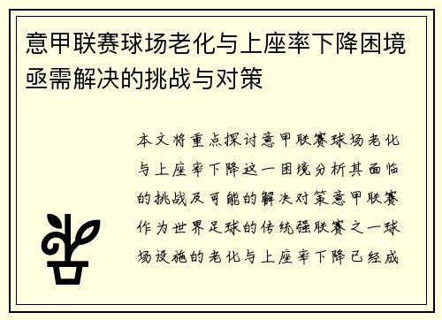 意甲联赛球场老化与上座率下降困境亟需解决的挑战与对策